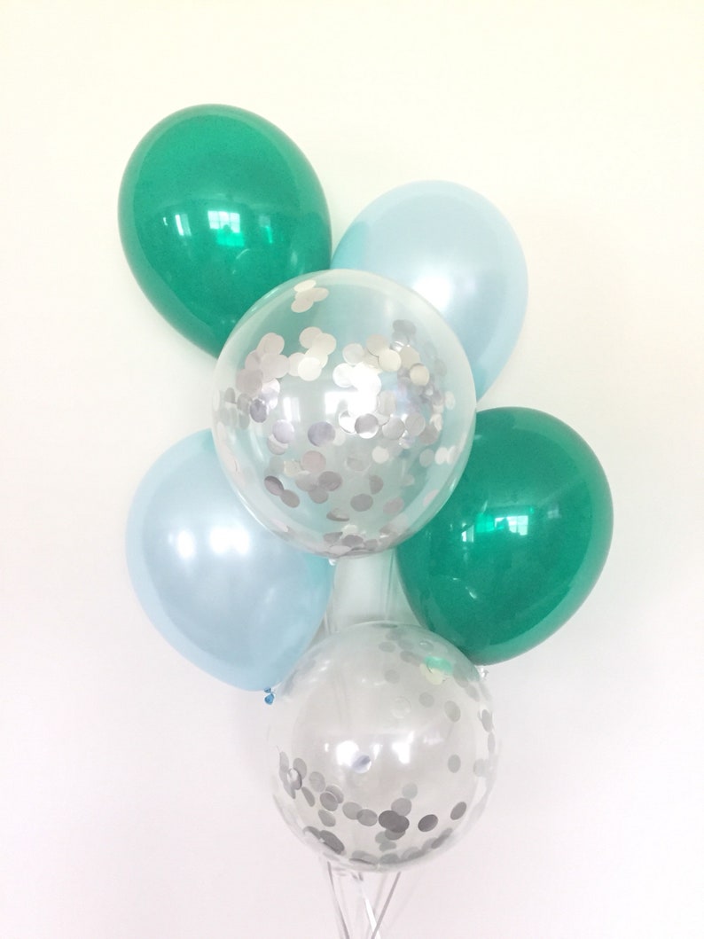 Silver Confetti Balloons Baby Shower Decor Birthday Balloons Boy Oh Boy Balloons Green and Blue Balloons Blue and Green Balloons