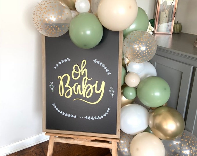 Eucalyptus and White Sand Balloon Garland | White And Eucalyptus Bridal Shower Decor | Green Baby Shower | Welcome Sign Garland