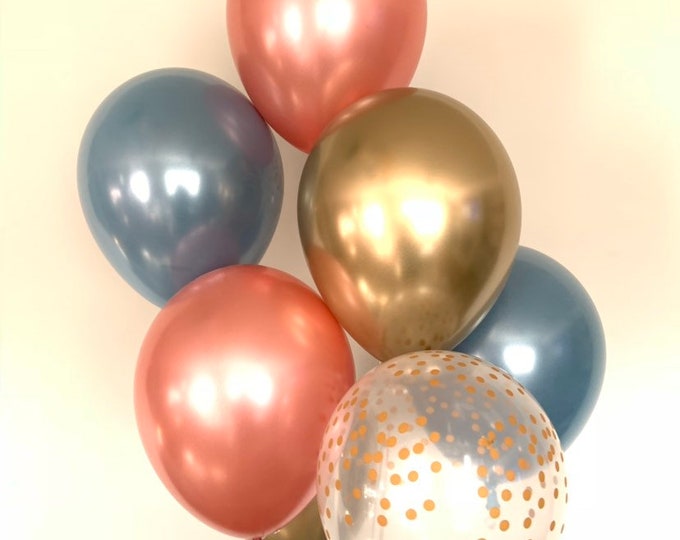 Slate Blue Balloons | Slate Blue Wedding Decor | Slate Blue and Rose Gold Balloons | Chrome Gold Balloons | Slate Blue Bridal Shower Decor
