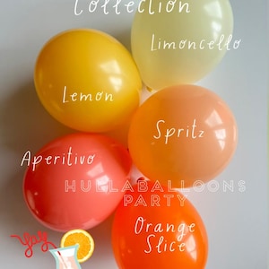 Op de afbeelding: Een verzameling kleurrijke ballonnen met cocktail-ge&iuml;nspireerde namen: Citroen, Limoncello, Spritz, Aperitivo en Sinaasappelschijf. De afbeelding bevat een cocktailillustratie en de tekst "The Feeling Spritzy Collection."