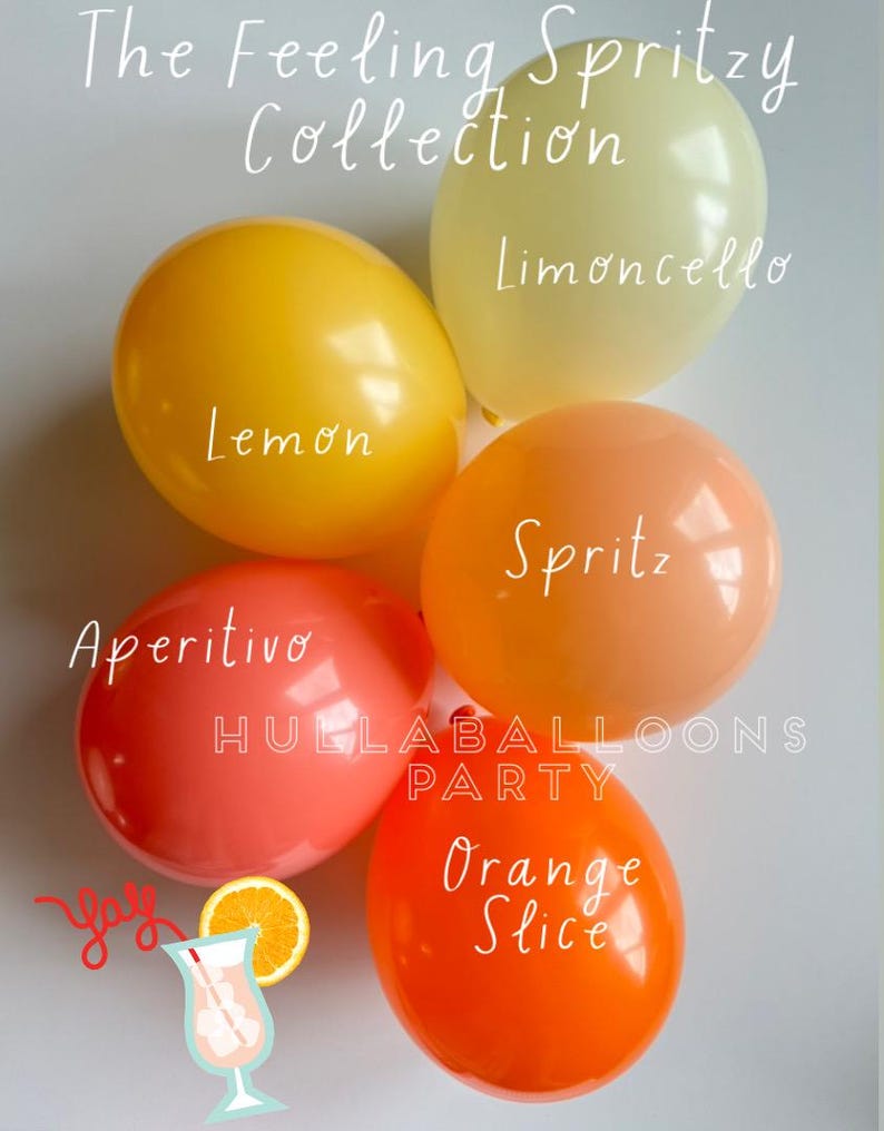 Op de afbeelding: Een verzameling kleurrijke ballonnen met cocktail-ge&iuml;nspireerde namen: Citroen, Limoncello, Spritz, Aperitivo en Sinaasappelschijf. De afbeelding bevat een cocktailillustratie en de tekst "The Feeling Spritzy Collection."