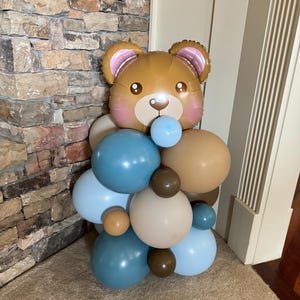 Teddy Bear Balloon Tower Kit | Beary First Birthday Balloon Tower | Blue Beige and Brown Balloon Display | Teddy Bear Birthday Balloons
