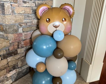 Teddy Bear Balloon Tower Kit | Beary First Birthday Balloon Tower | Blue Beige and Brown Balloon Display | Teddy Bear Birthday Balloons
