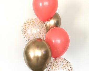 Coral and Gold Balloon Bouquet | Bridal Shower Decor (6-Count)