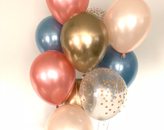 Slate Blue and Blush Balloons | Slate Blue Wedding Decor | Slate Blue and Peach Balloons | Roae Gold Balloons | Slate Blue Bridal Shower