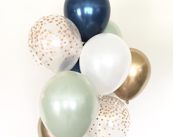 Sage Green & Navy Balloon Bouquet | Gold Dot Balloons (10-Count)