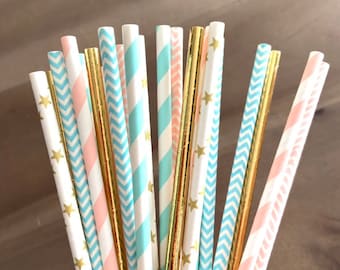 Twinkle Star Paper Straws | Pink, Blue, Gold Party Decor (24-Count)