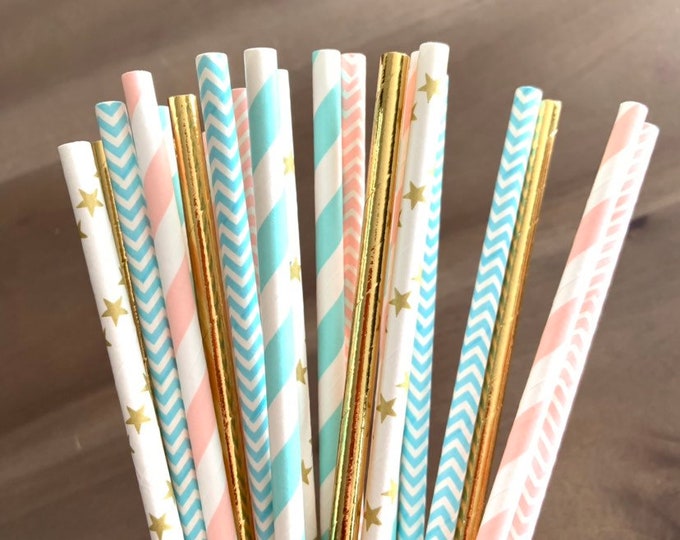 Twinkle Little Star Straws | Twinkle Little Star Party Decor | Pink and Blue Straws | Gender Reveal Baby Shower Decor | Gold Star Straws