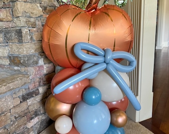Dusty Blue Bow Pumpkin Balloon Tower Kit | Little Pumpkin Bow Birthday Decor | A Little Pumpkin is on The Way | Our Little Pumpkin is One