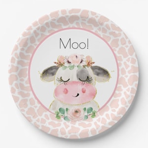 Cow Paper Plates Luncheon | Pink Barnyard Baby Shower | Oink Moo Cockadoodle doo Birthday | Baby Farm Animals | Moo I’m Two Birthday