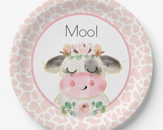 Cow Paper Plates Luncheon | Pink Barnyard Baby Shower | Oink Moo Cockadoodle doo Birthday | Baby Farm Animals | Moo I’m Two Birthday