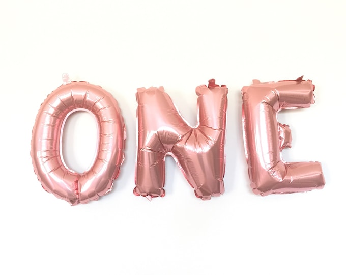 Rose Gold Balloons | Rose Gold High Chair Banner | First Birthday Balloons | Custom Balloon Letters | One Balloons | First Birthday Photo