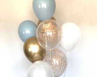 Blue and Gold Balloons | Fog Blue and Chrome Gold Balloons | Something Blue | Gold Bridal Shower Decor | Pale Blue Baby Shower | Cool Girl