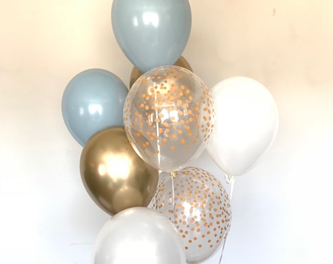 Blue and Gold Balloons | Fog Blue and Chrome Gold Balloons | Something Blue | Gold Bridal Shower Decor | Pale Blue Baby Shower | Cool Girl