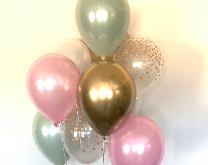 Sage Green Balloons | Light Green Wedding Decor | Green and Pink Balloons | Chrome Gold Balloons |Sage Green Bridal Shower Decor