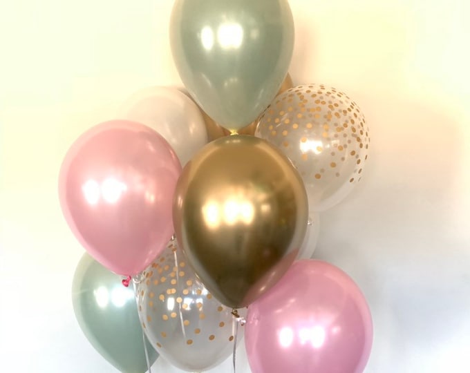 Sage Green Balloons | Light Green Wedding Decor | Green and Pink Balloons | Chrome Gold Balloons |Sage Green Bridal Shower Decor