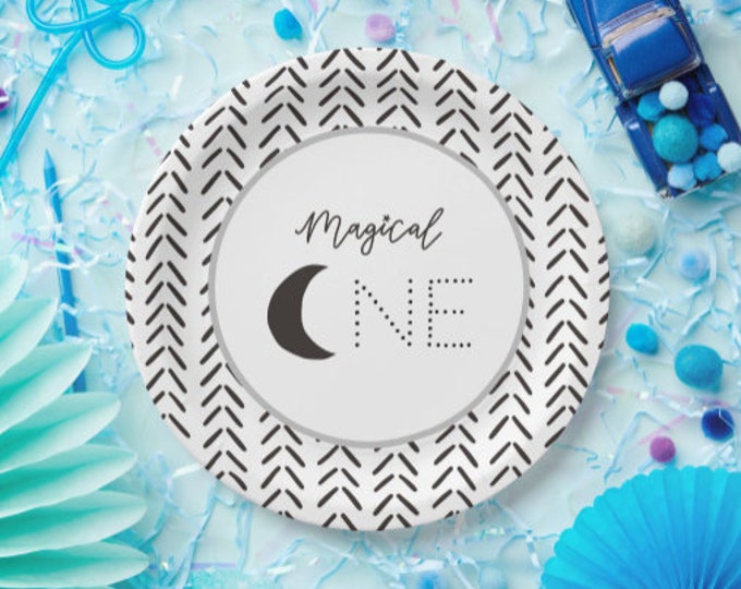 Magical One Birthday Plates | Magical One First Birthday Party | Galaxy First Birthday | Black and White Galaxy Birthday Party Paper Plates