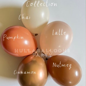 Puede incluir: Cinco globos de la colecci&oacute;n Chai Latte, cada uno con un color y nombre diferente: Chai, Pumpkin, Latte, Cinnamon y Nutmeg. Los globos son en tonos beige, naranja y marr&oacute;n. Tambi&eacute;n se ve el texto "HULLABALLOONS PARTY".