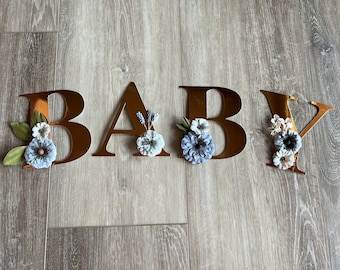 Blue Floral Baby Balloon Box Letters Only | Rose Gold and Blue Baby Letters | Custom Baby Block Letters | Floral Baby Letters