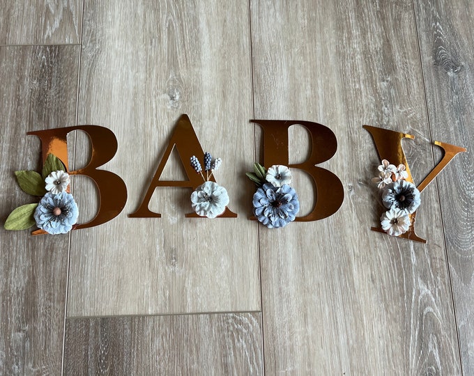 Blue Floral Baby Balloon Box Letters Only | Rose Gold and Blue Baby Letters | Custom Baby Block Letters | Floral Baby Letters