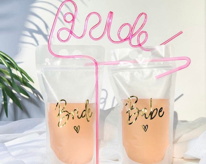 Gold Bride and Babe Drink Pouches with Straws | I Do Crew Drinks | Bachelorette Party Favors | Bride Drink Pouches | Babe Drink Pouches