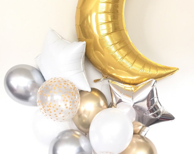 Twinkle Little Star Balloons | Gold and White Twinkle Little Star Baby Shower Decor | Moon and Star Balloons | Gender Reveal Balloons