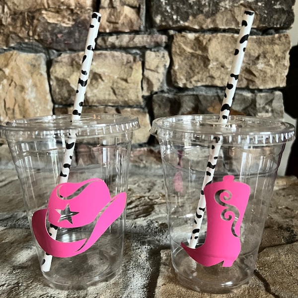 Disco Cowgirl Cups | First Rodeo Birthday | Pink Cowgirl Party Favor Cups | 16 oz Plastic Cups with Lids | Cowgirl Hat & Boots Drink Cups