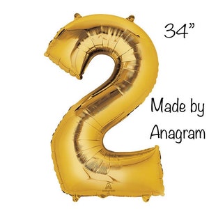 Gold Number 2 Balloon | Second Birthday Balloons | 34&quot; Mylar Number Balloons | Gold Large Foil Balloons | Gold Birthday Balloons