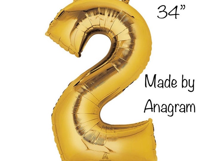 Gold Number 2 Balloon | Second Birthday Balloons | 34" Mylar Number Balloons | Gold Large Foil Balloons | Gold Birthday Balloons