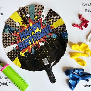 May include: A birthday party supplies set with a large black and yellow mylar balloon that says "Happy Birthday!" in red and blue letters, a set of red latex balloons, a set of yellow latex balloons, a set of blue latex balloons, a white twister balloon, and a green hand pump.