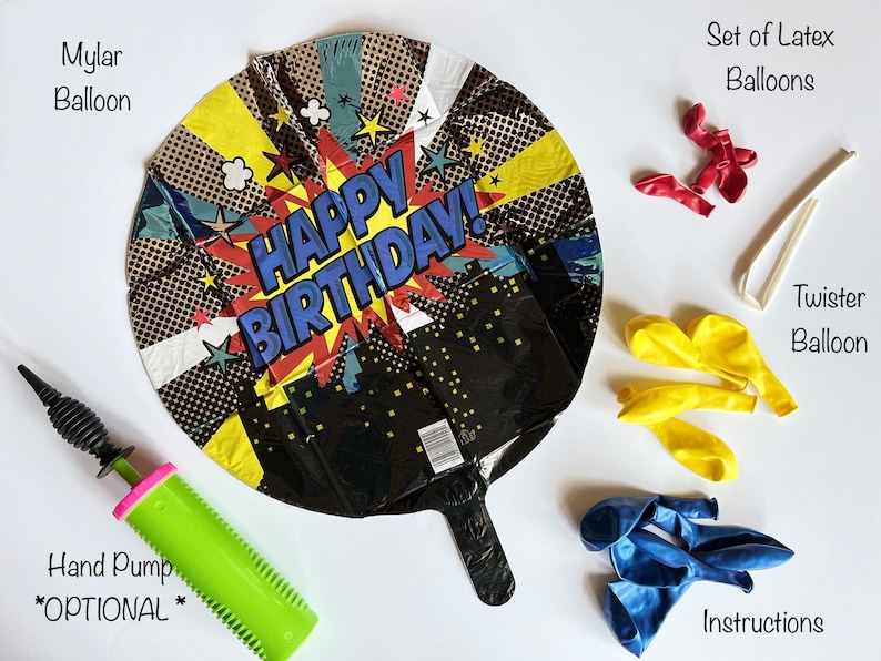 May include: A birthday party supplies set with a large black and yellow mylar balloon that says "Happy Birthday!" in red and blue letters, a set of red latex balloons, a set of yellow latex balloons, a set of blue latex balloons, a white twister balloon, and a green hand pump.