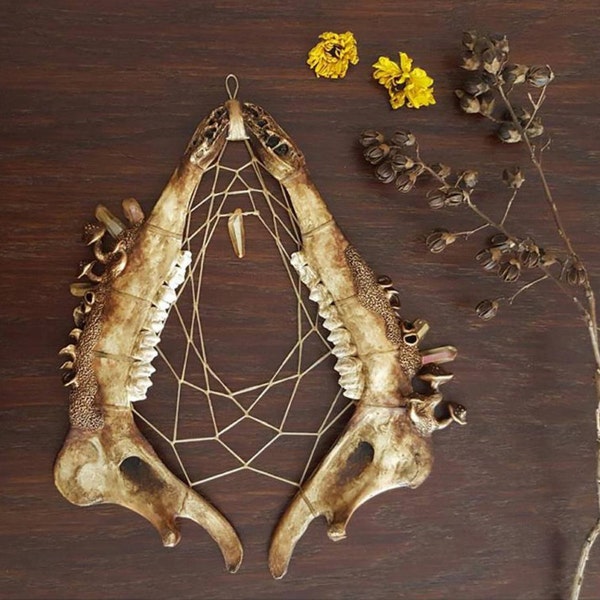Mano tallada, seta y cristal incrustados, ciervos Jawbone Dream Catcher - Wall Art