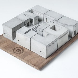 Spaces Set of Nine Concrete Architecture Model Concrete Brutalist Sculpture Beton Miniature world For Architect gift With The Wooden Base