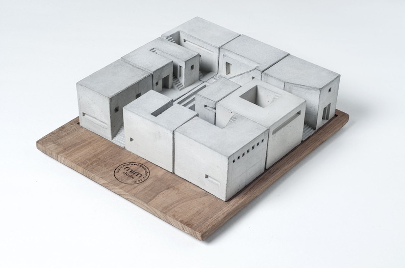 Spaces Set of Nine Concrete Architecture Model Concrete Brutalist Sculpture Beton Miniature world For Architect gift With The Wooden Base