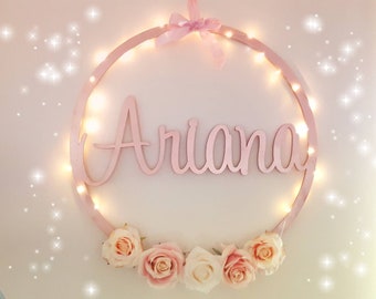 Large Name Hoop. Personalised Wall Hoop. Nursery decor.Business Name Hoop. Light up name sign. Floral wall hoop