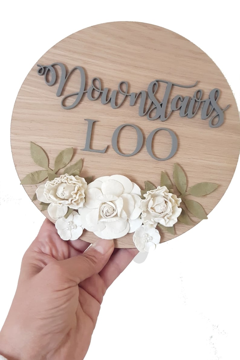 Pu&ograve; includere: Un cartello rotondo in legno con le parole "Downstairs Loo" in lettere grigie. Il cartello &egrave; decorato con fiori bianchi e foglie verdi.