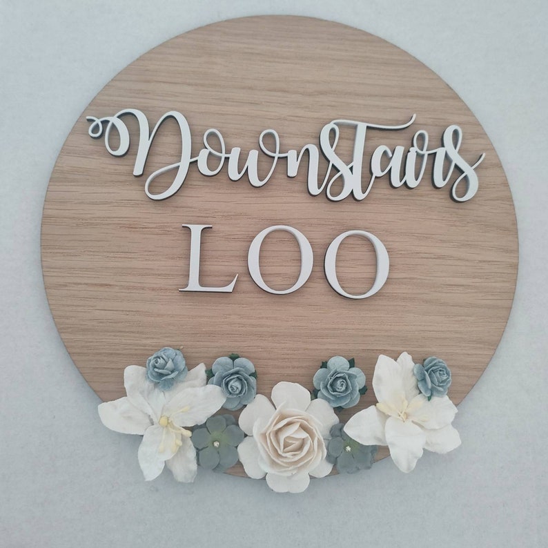 Pu&ograve; includere: Un cartello rotondo in legno con il testo "Downstairs Loo" in lettere bianche. Il cartello &egrave; decorato con fiori bianchi e blu.