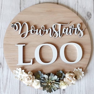 Pu&ograve; includere: Un cartello rotondo in legno con le parole "Downstairs Loo" in lettere bianche. Il cartello &egrave; decorato con fiori bianchi e verdi.