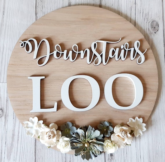 Downstairs loo door sign. Plaque with flowers for downstairs loo. Contemporary Stylish Wooden Veneer Door Sign. Other words available