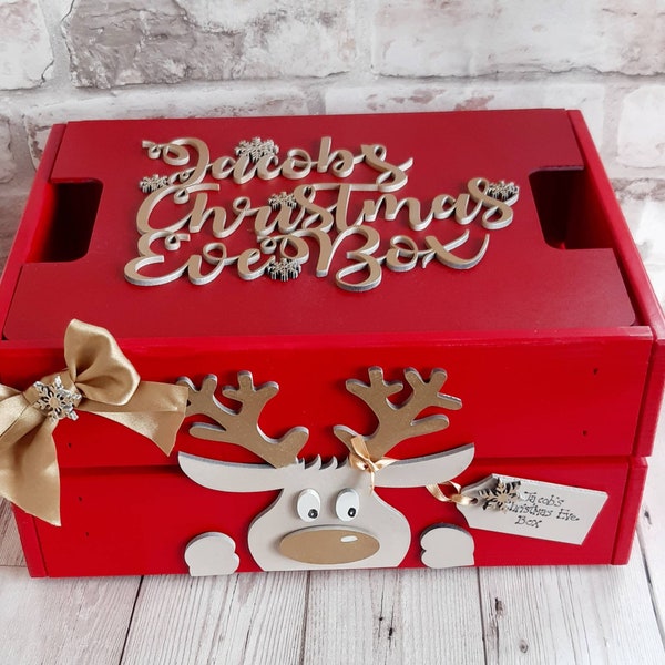 Red Reindeer Christmas Eve Box. Bright Red Kids Christmas Eve Crate With Lid. Personalised Wooden Painted Treat Box With Bow. Xmas Crate.