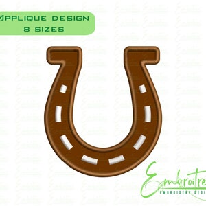 Könnte beinhalten: Braunes Hufeisen-Applikationsdesign mit weißen Nähten. Applique Design 8 Größen.