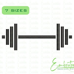 May include: A black barbell design with weights on each end. The image includes the text "7 SIZES" in a green rectangle. The logo for Embroitree Embroidery Designs is in the bottom right corner.