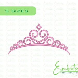 May include: Pink princess crown embroidery design with a pointed top and a heart-shaped center. The design is available in five sizes.