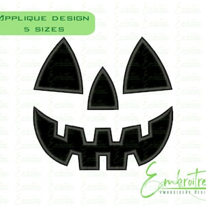 May include: Black applique design of a jack-o'-lantern face with triangular eyes and a jagged mouth. The design is for embroidery and includes the text "APPLIQUE DESIGN 5 SIZES". The logo "Embroitree Embroidery Designs" is in the bottom right corner.