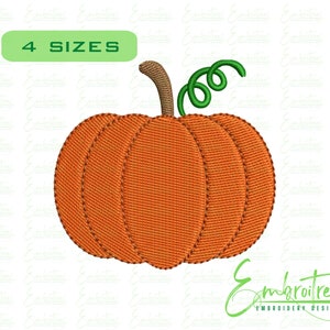 Può includere: Una zucca arancione con un gambo verde e un gambo marrone. La zucca ha una superficie testurizzata ed è contornata di marrone. Il testo "4 SIZES" è in un rettangolo verde nella parte superiore dell'immagine.