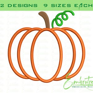 May include: An orange pumpkin design with a brown stem and green vine. The text "2 DESIGNS 9 SIZES EACH" is at the top. The design is for embroidery. The logo "Embrotree Embroidery Designs" is at the bottom.