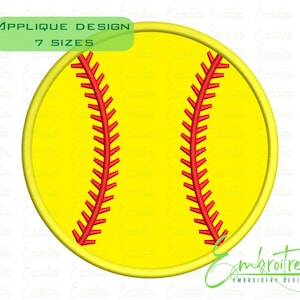 May include: A yellow softball applique design with red stitching and a yellow border. The design includes the text "APPLIQUE DESIGN 7 SIZES" in a green rectangle. The logo for EmbroiTree Embroidery Designs is in the bottom right corner.
