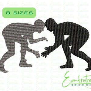 May include: Silhouette of two wrestlers in action, one gray and one black, facing each other. The image includes the text "8 SIZES" in a green rectangle and the "Embroitree Embroidery Designs" logo.
