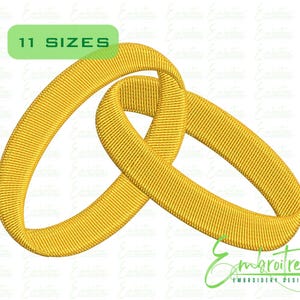 May include: Embroidered design of two interlocking gold rings. The rings have a textured, stitched pattern. The image includes the text "11 SIZES" in a green rectangle and the "Embroitree Embroidery Designs" logo.