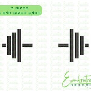 May include: Black barbell design with the text "7 Sizes, 3 Bar Sizes Each" in a green rectangle. The design is repeated multiple times on a white background. The logo for Embroitree Embroidery Designs is at the bottom.